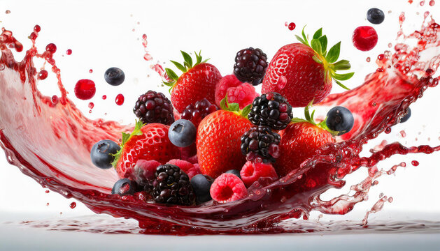  Fresh ripe strawberry, raspberry, blackberry, cranberry juice blend mix splash swirl with strawberry, blackberry, cranberry, raspberry. Red multifruit berry juice splash wave and forest fruits on whi