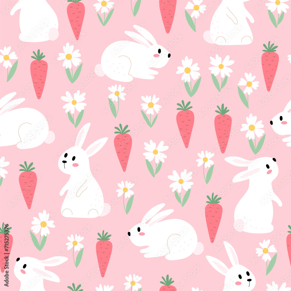 Wall mural Rabbits and flowers seamless background