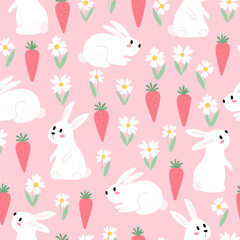 Rabbits and flowers seamless background - 715275376
