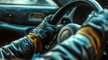 A closeup of a drivers gloved hand gripping the steering wheel tightly their knuckles turning white...