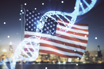 Double exposure of creative DNA hologram on USA flag and blurry skyscrapers background. Bio...