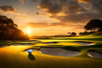 Immerse yourself in the ambiance of a golf course at sunset, where a solitary golf ball awaits its journey on a pristine tee.

 - obrazy, fototapety, plakaty