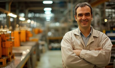 Fototapeta premium Smiling Technician in Light Jacket at Industrial Site. Generative AI.
