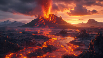 Volcanic Eruption at Dusk with Flowing Lava.