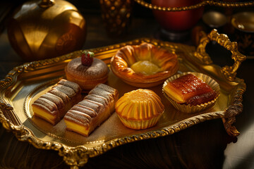 Opulent Dessert Assortment on a Vintage Golden Platter