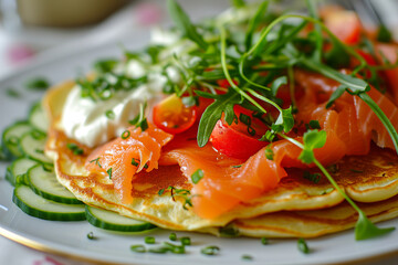 Pancakes with salted salmon, cucumber, greens and curd cheese, close-up - obrazy, fototapety, plakaty