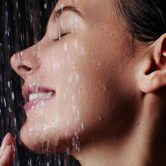 Skin hydration. Close up portrait of young overjoyed woman taking a shower. Facial cleansing, wash....