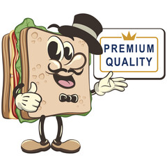 vector illustration of cute sandwich character mascot in a hat and bow tie showing a sign saying premium quality with a thumbs up, work of handmade