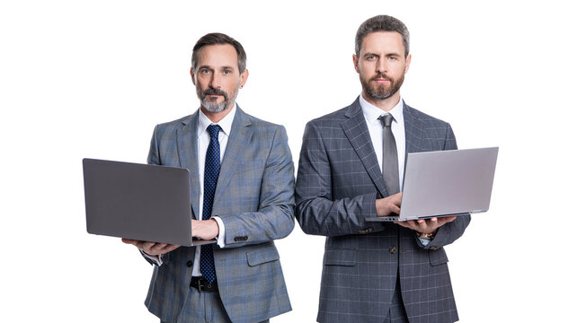 two businessmen working online on laptop isolated on white. businessmen develop agile business. freelancing entrepreneur. video call. business meeting and video conference. Online networking