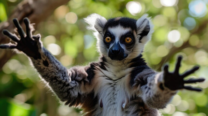 Naklejka premium Closeup of a lemur reaching out with its hands and feet using its incredible agility to move effortlessly through the treetops