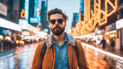 Foto op Plexiglas Young handsome bearded man with sunglasses in the city at night time. © wannasak