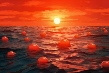 Cercles muraux Rouge Red buoy floating in the sea at sunset