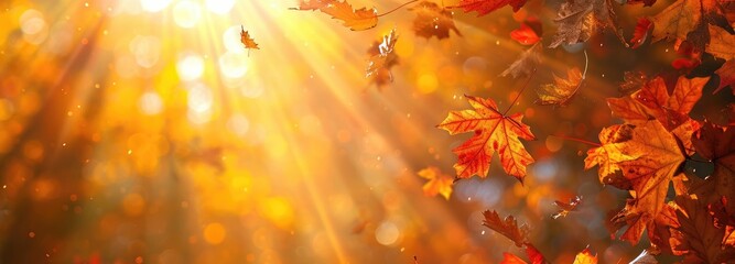 Naklejka na ściany i meble Autumn leaves bask in sunlight rays, with blurred trees adding depth, Ai Generated