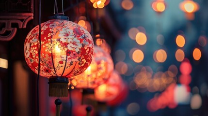 Obraz na płótnie Canvas Red lanterns cast a soft glow, enhancing the festivity of the evening, Ai Generated