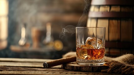 A glass of whiskey sits on a wooden barrel, next to a pair of cigars, Ai Generated