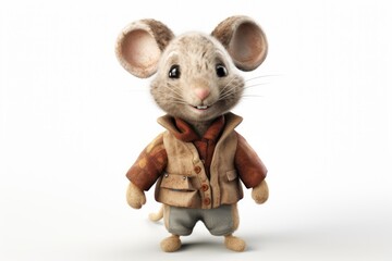  a little mouse with a jacket and boots on it's head, standing in front of a white background.