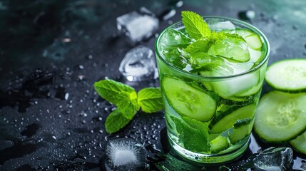 A glass of water with cucumber slices, lemon slices, and mint leaves, Ai Generated - obrazy, fototapety, plakaty