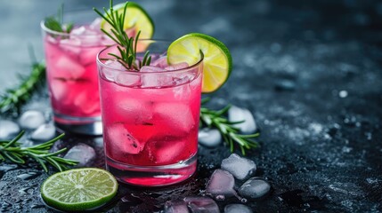 Cocktail with ice and rosemary on a table, Ai Generated