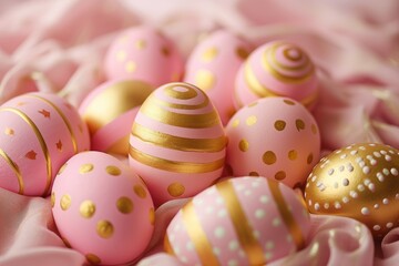 Fototapeta na wymiar Pink and gold Easter eggs, striped and polka-dotted, create a festive pile, Ai Generated