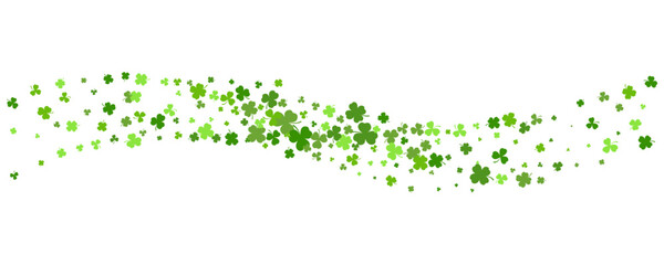 St. Patrick Day shamrock clover background. Wavy vector border with flying green leaves for posters banners and greeting cards. - obrazy, fototapety, plakaty
