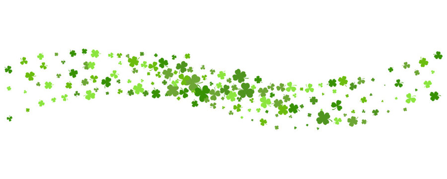 St. Patrick Day shamrock clover background. Wavy vector border with flying green leaves for posters banners and greeting cards.