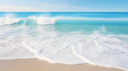 Fototapeta na wymiar Beautiful sandy shore and gentle azure sea waves, AI Generated