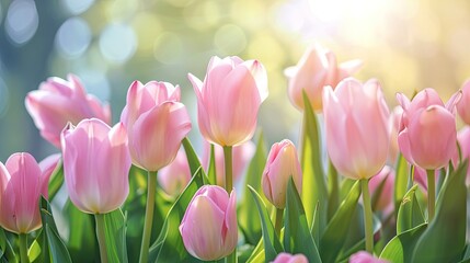 Gorgeous springtime vivid natural setting with delicate pink tulip blossoms, Ai Generated
