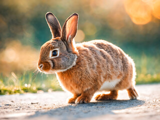 Fototapeta premium Cute little brown rabbit sitting on the ground and looking at camera