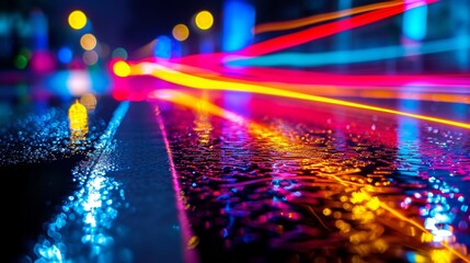 The camera zooms in on the vibrant light trails dancing across the reflective surface of a wet road...