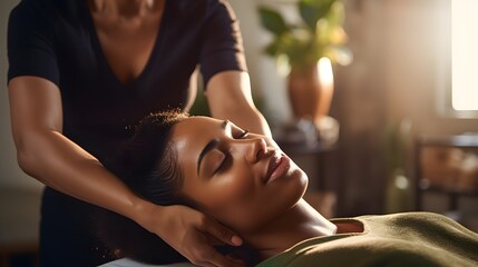 A black african american woman enjoys a massage at a spa salon - obrazy, fototapety, plakaty