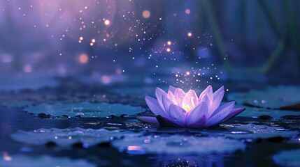 A bright fairy-tale lotus flower, resembling a water lily, bathes in a magical light, Ai Generated. - obrazy, fototapety, plakaty