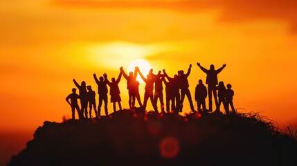 A powerful silhouette of a group of teens raising their hands in unity, Ai Generated.