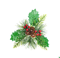 Christmas decoration of red berry and pine cone isolated on white background