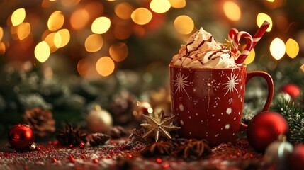 A Christmas mug of hot chocolate nestles against a warm bokeh background, Ai Generated.