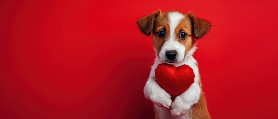 Puppy stands holding a red heart, isolated against a red background, Ai Generated