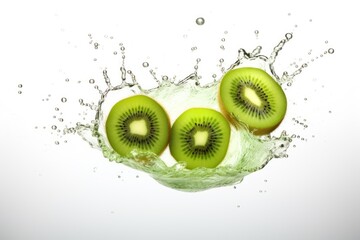  a couple of kiwis are in the water with a splash of water on the side of the picture.