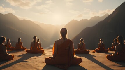 A group of young people meditating and performing yoga on a hillside ashram in India - obrazy, fototapety, plakaty