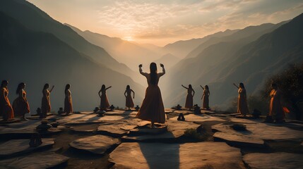 A group of young people meditating and performing yoga on a hillside ashram in India - obrazy, fototapety, plakaty