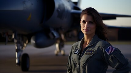 Female fighter pilot with her fighter jet