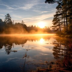  a body of water surrounded by trees with a sun setting in the background and fog in the middle of the water.