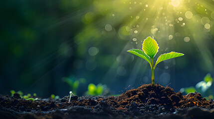 Plant seeds sprout from the soil in a sunlit forest, capturing the close-up of a small tree growing against a neutral background. - obrazy, fototapety, plakaty