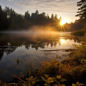  a body of water surrounded by a forest with a sun setting in the background and fog rising from the water.