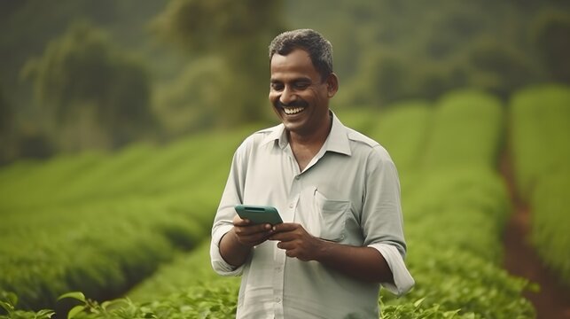 An indian farmer using his smart phone in the fields remotely