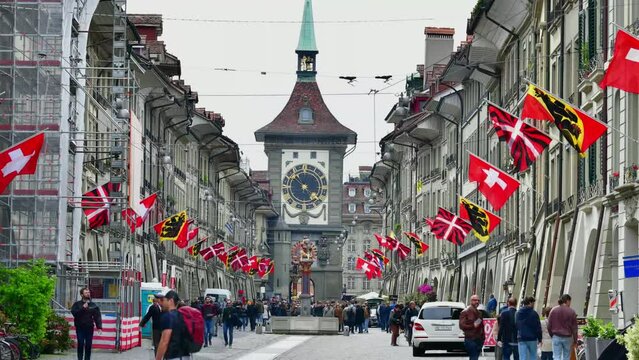 Old town view with tourists in Kramgasse street in Bern Switzerland