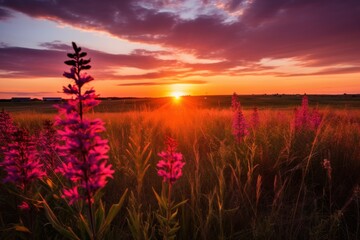  the sun is setting over a field of wildflowers in the foreground, with a field of tall grass in the foreground.