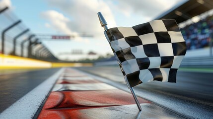 A tight shot of the checkered flag being held up by a race official the backdrop of the racetrack adding to the sense of speed and adrenaline