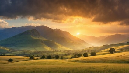 Naklejka na ściany i meble The sun sets behind the majestic hills, casting a golden light over the peaceful countryside