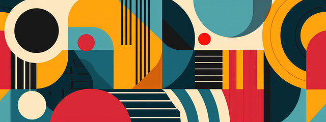 Colorful Bauhaus style geometric pattern background, combining abstract shapes and dynamic colors