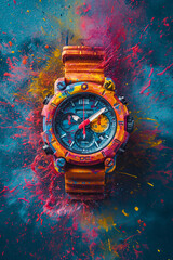 abstract watch with colorful paint splashing around vintage poster design multilayered realism art of the illustrations