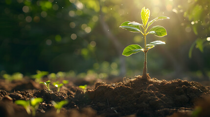 Plant seeds sprout from the soil in a sunlit forest, capturing the close-up of a small tree growing against a neutral background. - obrazy, fototapety, plakaty